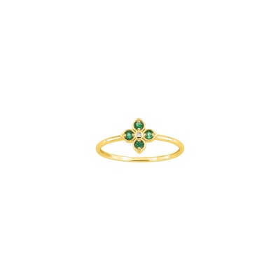 Bague en or jaune, diamant 0.01ct et émeraude