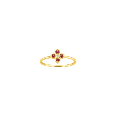 Bague en or jaune, diamant 0.01ct et rubis