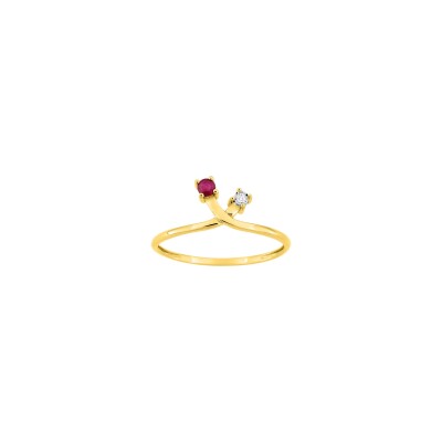 Bague en or jaune, diamant 0.01ct et rubis