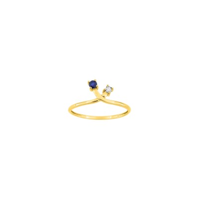 Bague en or jaune, diamant 0.01ct et saphir