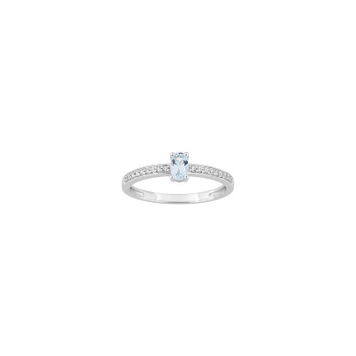 Bague en or blanc, diamant 0.09ct et aigue-marine