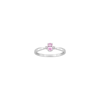 Bague en or blanc, diamant 0.02ct et saphir rose