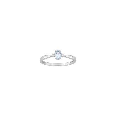 Bague en or blanc, diamant 0.02ct et aigue-marine
