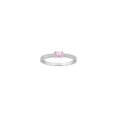 Bague en or blanc, diamant 0.09ct et saphir rose