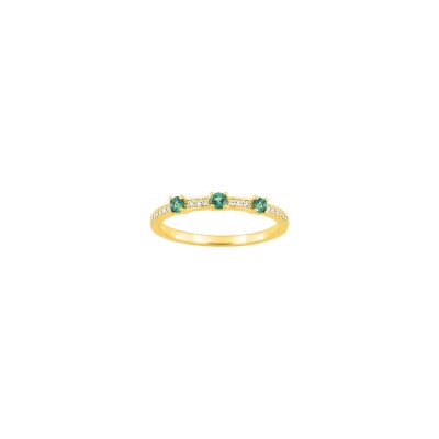 Bague en or jaune, diamant 0.10ct et émeraude