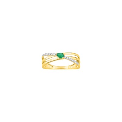 Bague en or jaune, oxyde de zirconium et émeraude