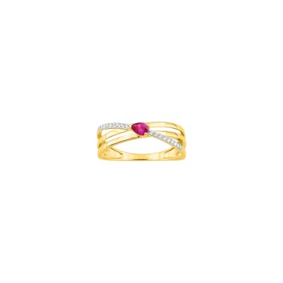 Bague en or jaune, oxyde de zirconium et rubis