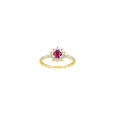 Bague en or jaune, diamant 0.35ct et rubis
