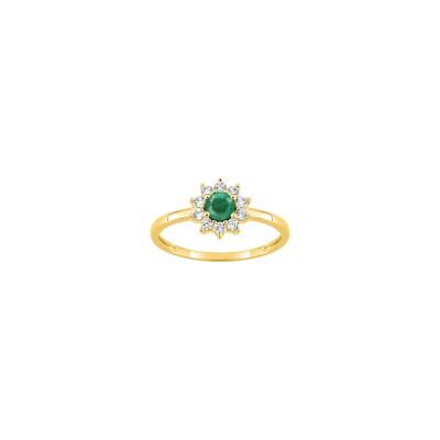Bague en or jaune, diamant 0.21ct et émeraude