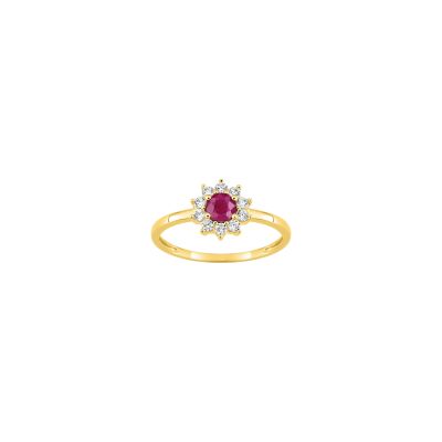 Bague en or jaune, diamant 0.21ct et rubis