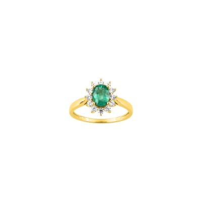 Bague en or jaune, diamant 0.36ct et émeraude