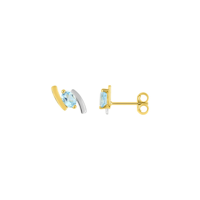 Boucles d'oreilles puces en or jaune, rhodium et topazes bleues