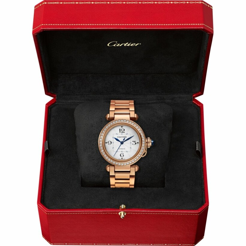 Pasha de Cartier watch, 35 mm, automatic movement, rose gold, diamonds, interchangeable metal and leather straps