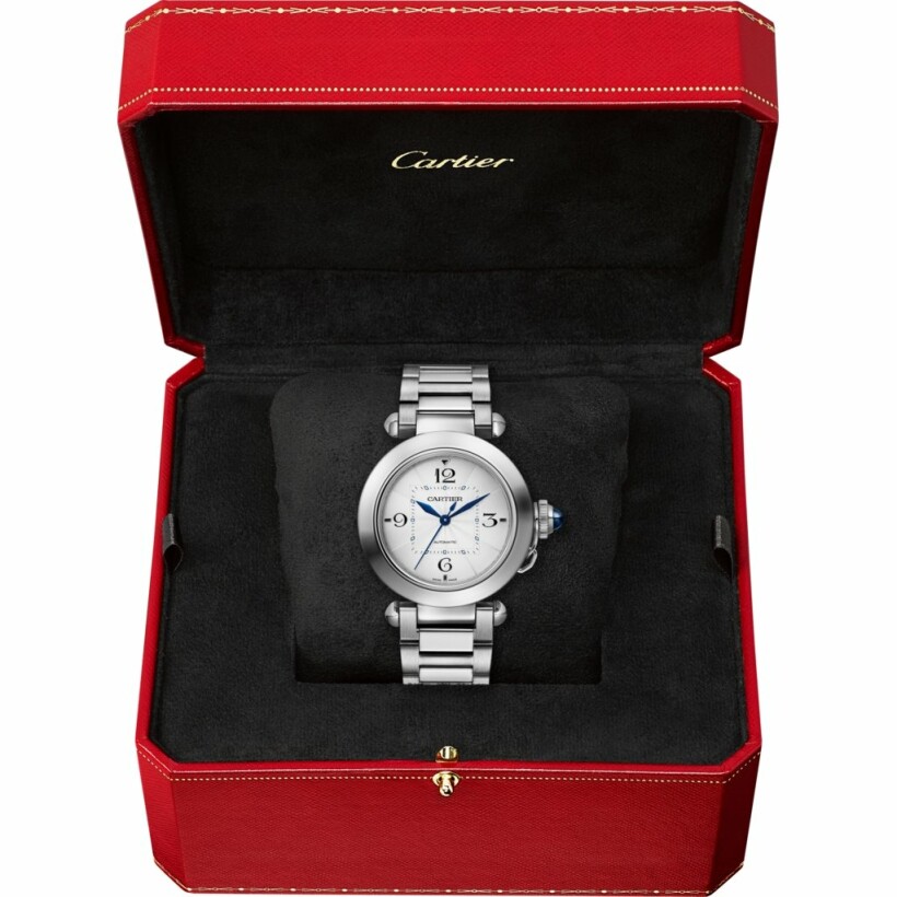 Pasha de Cartier watch, 35mm, automatic movement, steel, interchangeable metal and leather straps