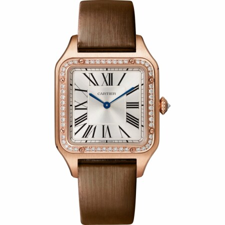 Montre Santos-Dumont Grand modèle, mouvement quartz, or rose, diamants, cuir