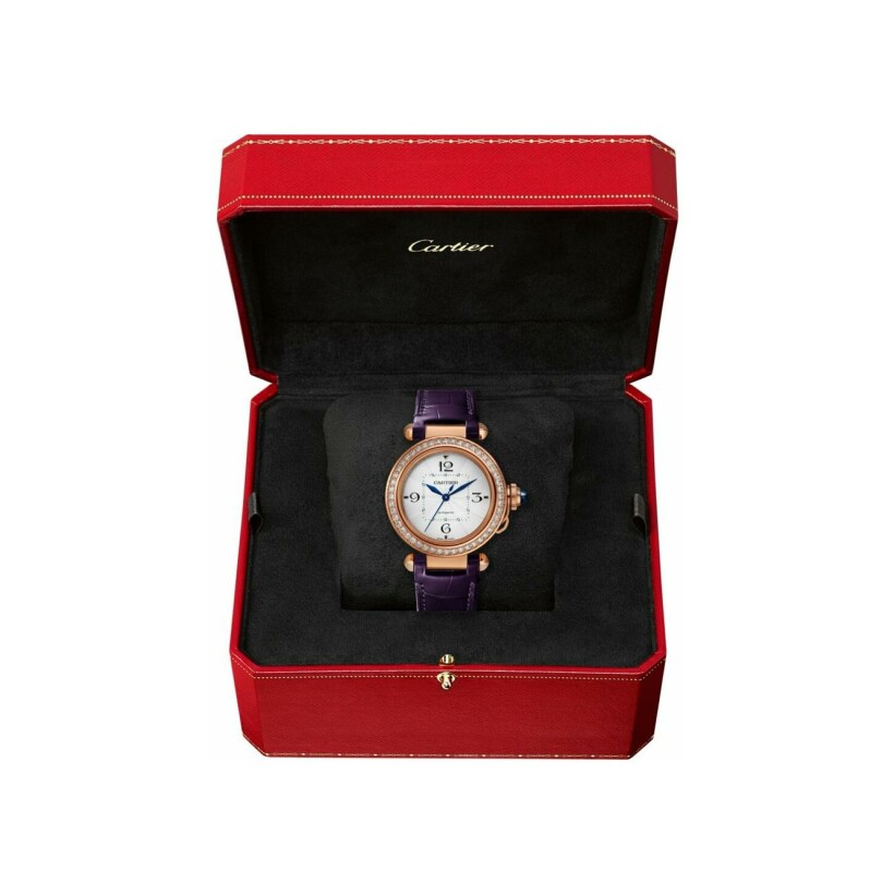 Pasha de Cartier watch, 35 mm, automatic movement, rose gold, diamonds, 2 interchangeable leather straps