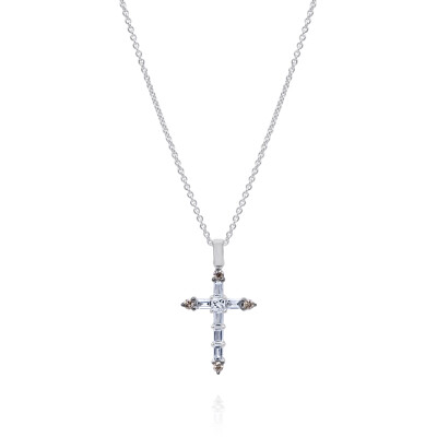 Collier en or blanc croix diamants baguettes et princesse