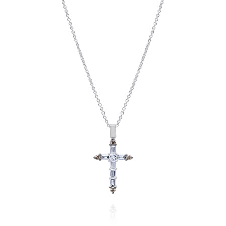 Collier en or blanc croix diamants baguettes et princesse