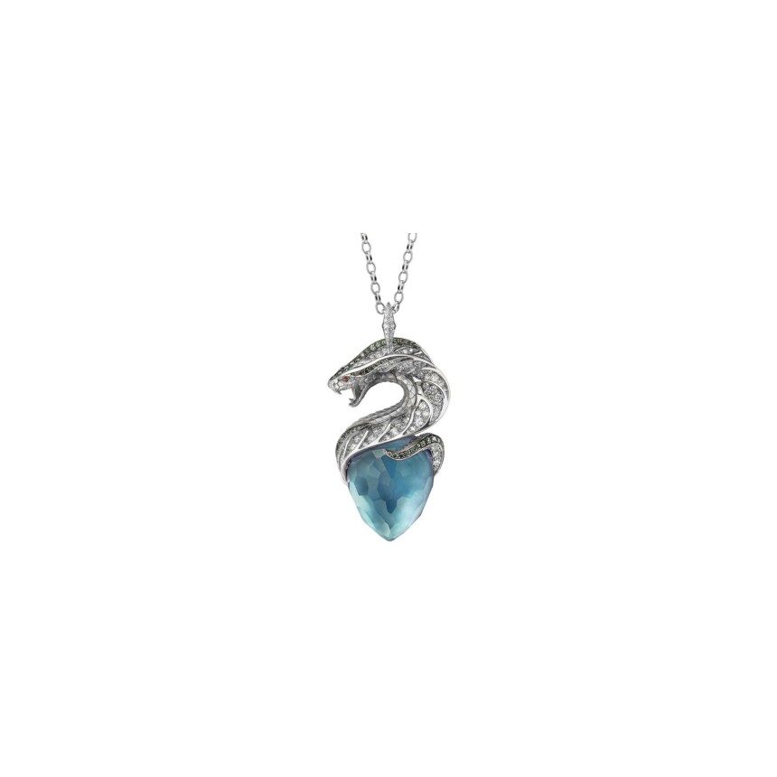 Pendant Centinela in white gold with white and blue diamonds, red sapphires and topaz