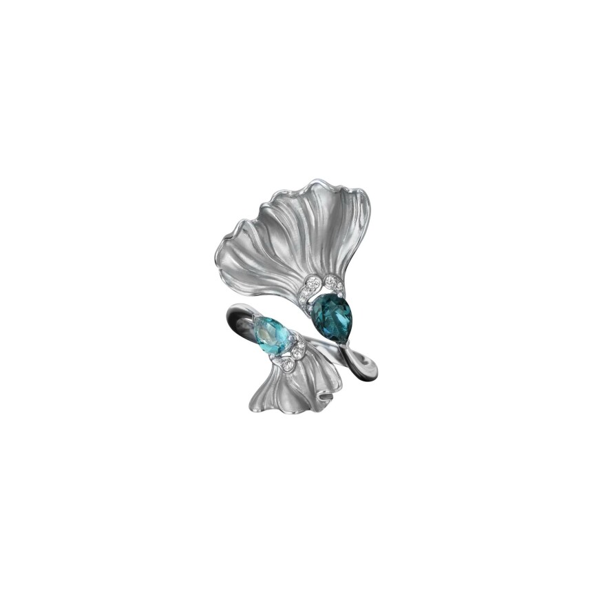Ring Folia in white gold with diamonds and blue topaz