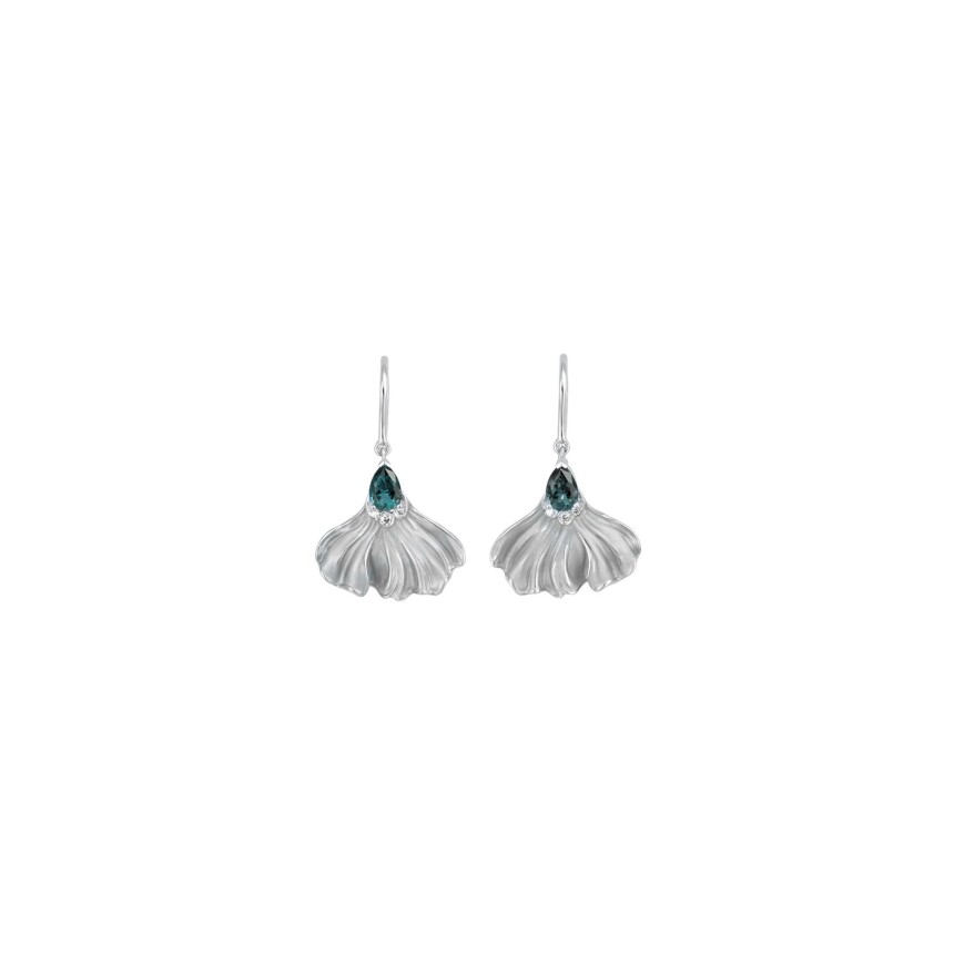 Earrings Folia in white gold with diamonds and blue topaz