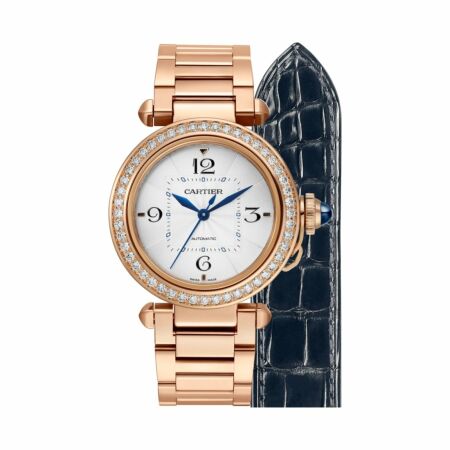 Pasha de Cartier watch, 35 mm, automatic movement, rose gold, diamonds, interchangeable metal and leather straps