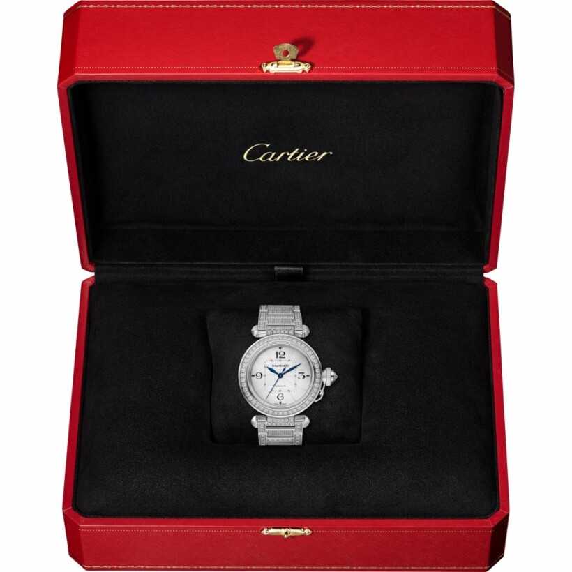Pasha de Cartier watch, 35mm, automatic movement, white gold, diamonds