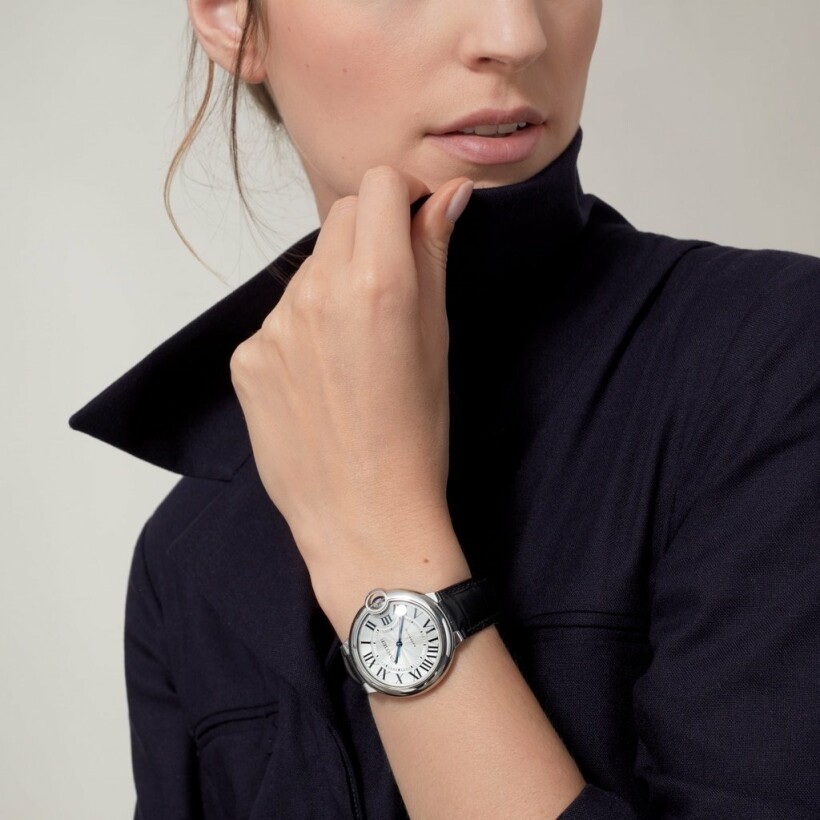 Ballon Bleu de Cartier watch, 36 mm, steel, leather