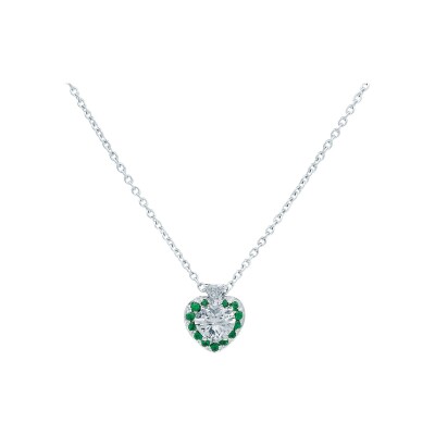 Pendentif Cœur diamants entourage émeraude or blanc