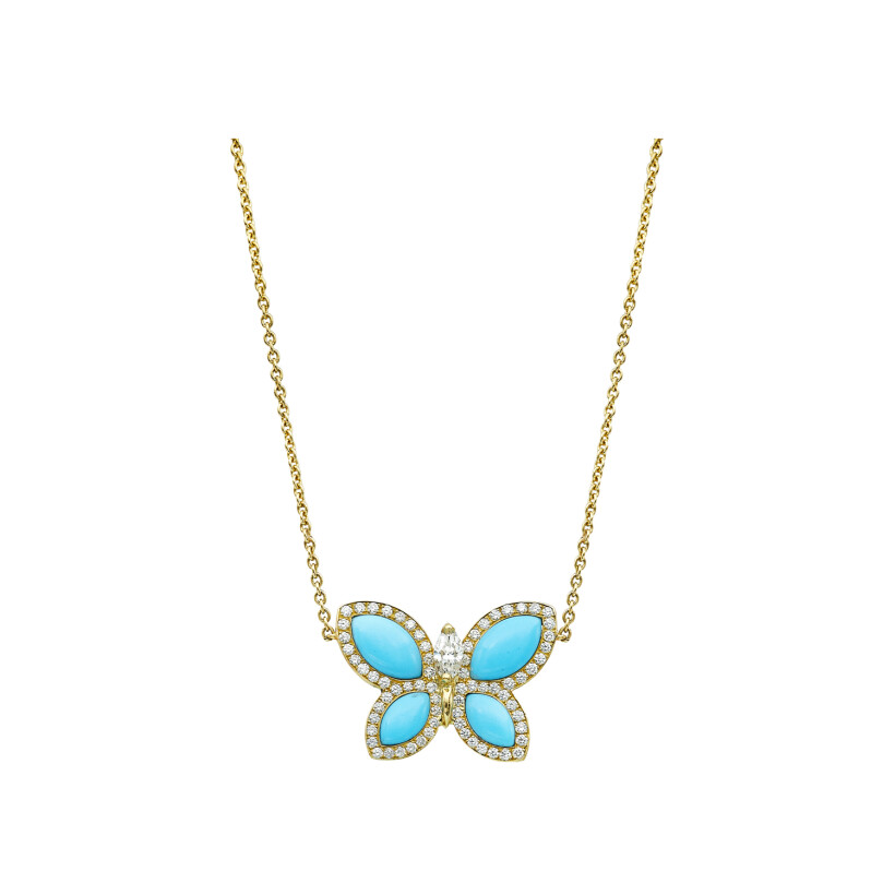 Papillons Floraux pendant, yellow gold, turquoise