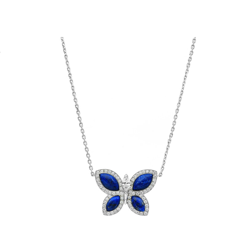 Papillons Floraux pendant in white gold and lapis lazuli