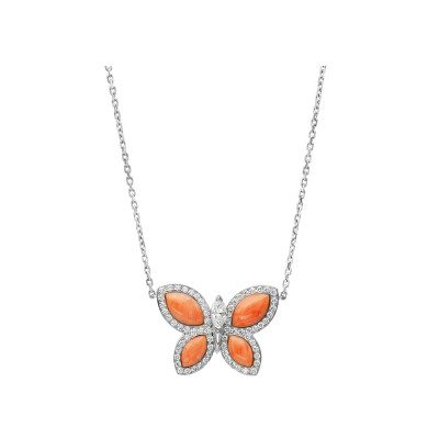 Pendentif Papillons Floraux Corail en or blanc