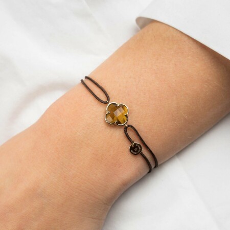 Bracelet Morganne Bello Victoria en or jaune, cordon chocolat et œil de tigre