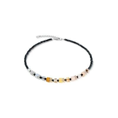 Collier Coeur de Lion GeoCUBE Precious Nature en acier doré, acier, métal doré rose, aventurine bleu, agate et oeil de tigre, cristaux Swarovski, strass et verre