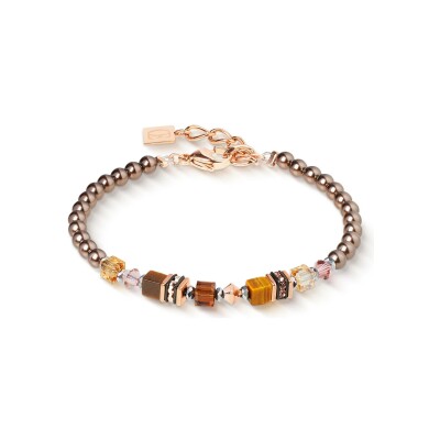 Bracelet Coeur de Lion Princess Earth Glow en acier, métal doré rose, oeil de tigre, cristaux Swarovski et strass