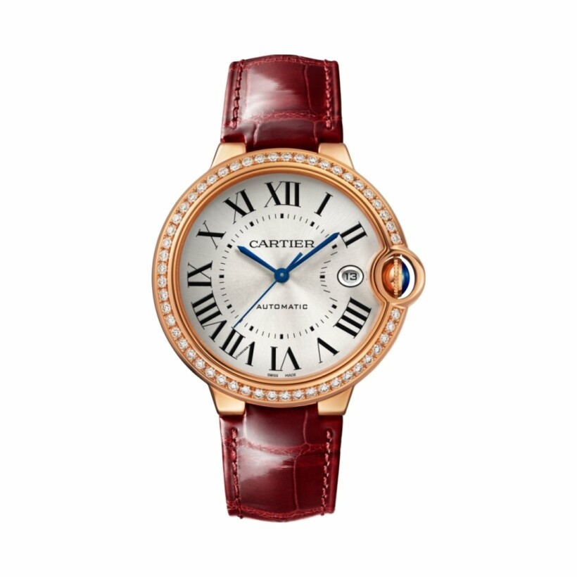Ballon Bleu de Cartier watch, 40mm, automatic movement, rose gold, diamonds, leather