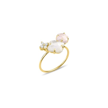 Bague Morganne Bello Bouquet en or jaune, nacre blanche, quartz rose et diamants