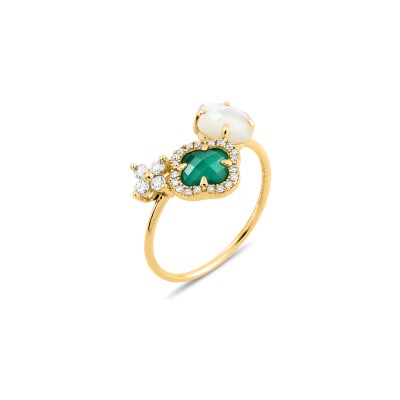 Bague Morganne Bello Bouquet en or jaune, agate verte, nacre et diamants
