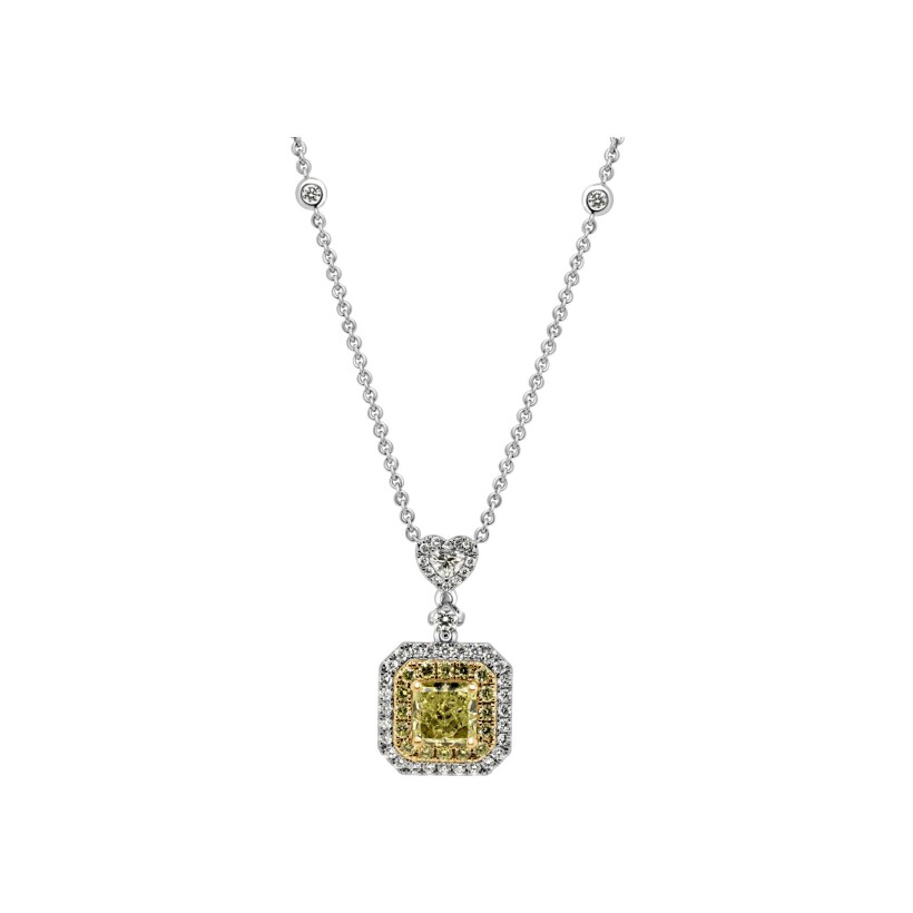 Collier en or blanc, diamant blanc de 0.12ct et diamant jaune de 1.31cts