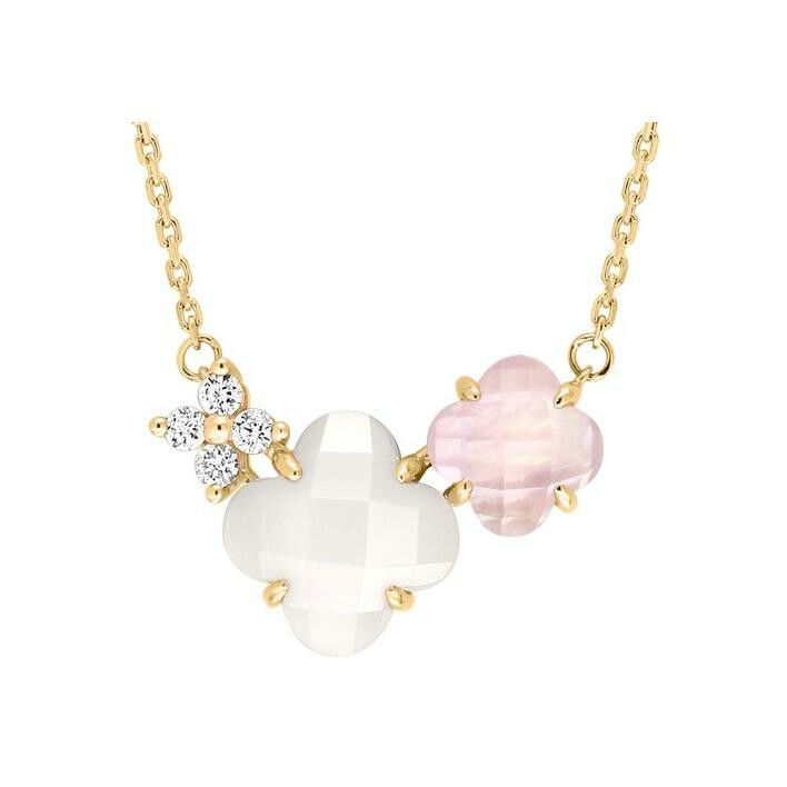 Collier Morganne Bello Bouquet en or jaune, nacre blanche, quartz rose et diamants