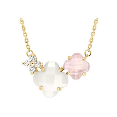 Collier Morganne Bello Bouquet en or jaune, nacre blanche, quartz rose et diamants