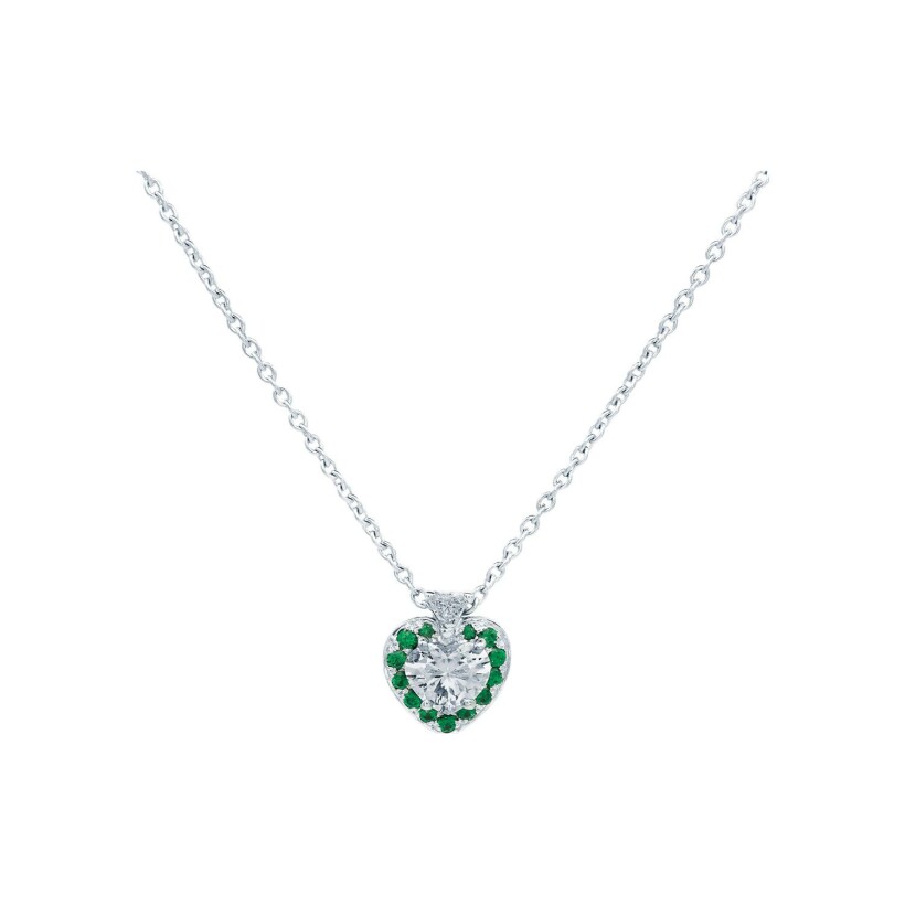 Pendant, white gold, emerald, heart shaped diamonds