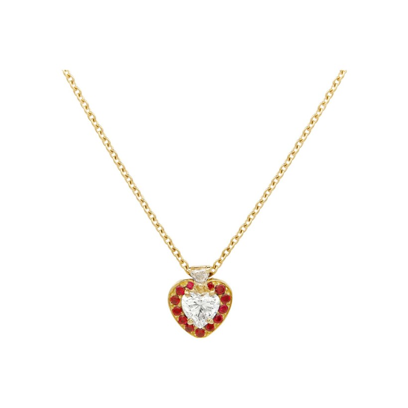 Pendant, yellow gold, ruby, heart shaped diamonds