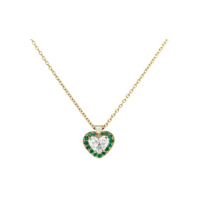 Pendant, yellow gold, emerald, heart shaped diamonds