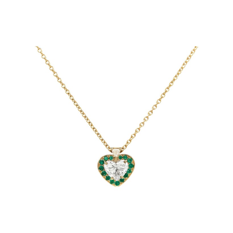 Pendant, yellow gold, emerald, heart shaped diamonds