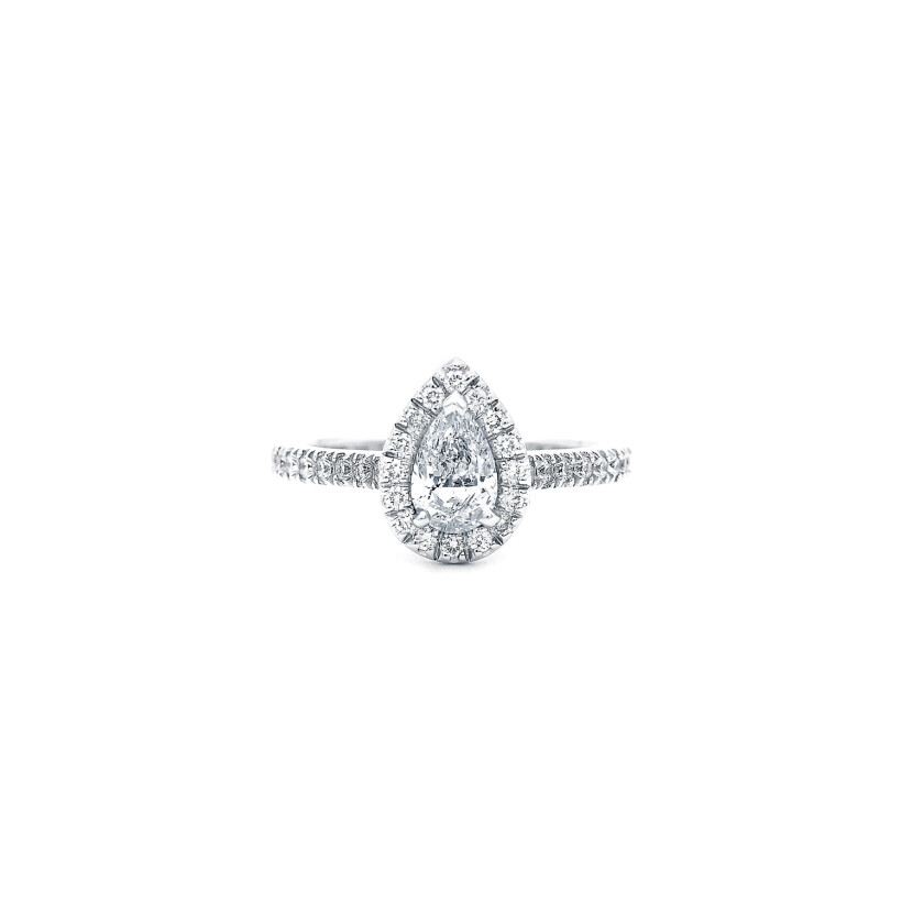 Micropavée certified pear shaped diamond ring, white gold, diamonds