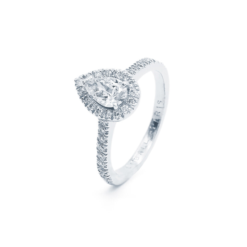 Micropavée certified pear shaped diamond ring, white gold, diamonds