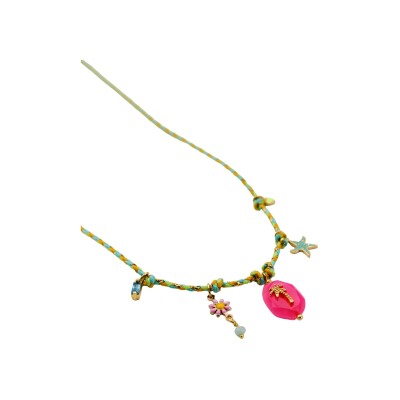 Collier sautoir cordon L'Atelier des Dames Carla grigri vert en laiton, textile et calcédoine rose