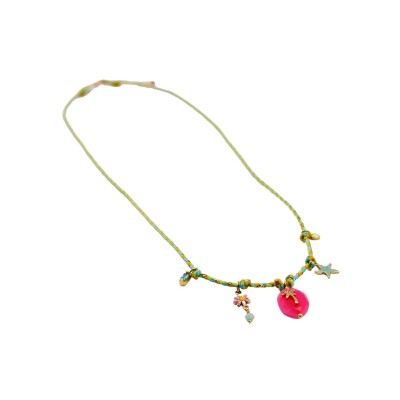 Collier sautoir cordon L'Atelier des Dames Carla grigri vert en laiton, textile et calcédoine rose