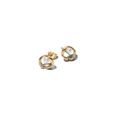 Boucles d'oreilles Pandora Essence Cercle Pavé Organique en métal doré, perle d'eau douce et oxydes de zirconium